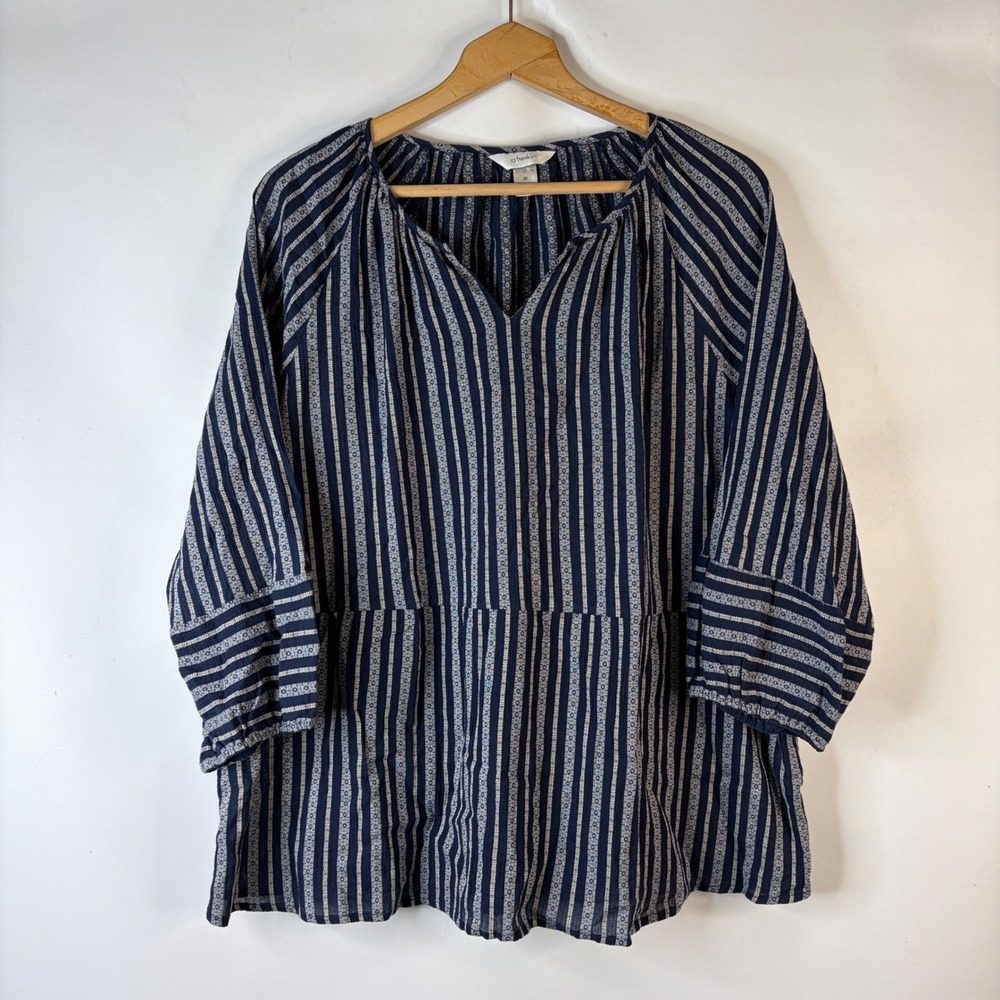 cj banks Blouse Women 3X Navy Blue Striped Cotton Peasant Tiered Boho Top